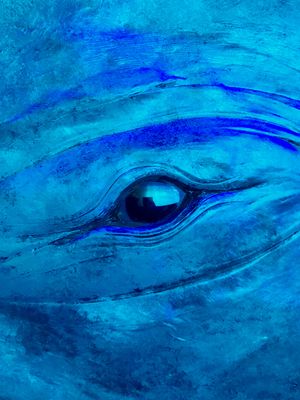 Close-up of the eye of a whale sculpture. A single shiny black eye is center frame surrounded by bright blue 'skin', wrinkles and all.