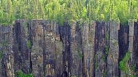 An orthogonal view of the opposite side of a canyon of columnar rocks. The top edge of the canyon is covered in bright green conifer trees.