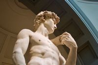 Looking up at the torso, shoulders, and head of the statue of David. He is looking to the right of the photo.