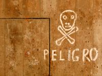 CLose-up of a wooden wall with skull-and-crossbones graffiti and the word PELIGRO painted on it in white.