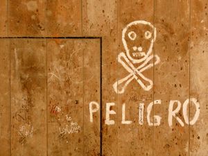 CLose-up of a wooden wall with skull-and-crossbones graffiti and the word PELIGRO painted on it in white.