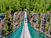 A suspension bridge recedes away from the camera to the opposite side of a canyon of columnar rocks. The top edge of the canyon is covered in bright green conifer trees. In center frame, two men are walking across the bridge.