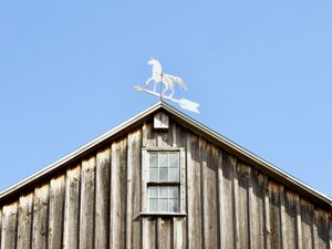 Looking up at a white weather vane shaped like a horse on top of an old barn.