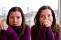 A diptych of 2 head and shoulders portraits of a cute woman mugging for the camera and playing with her hands.