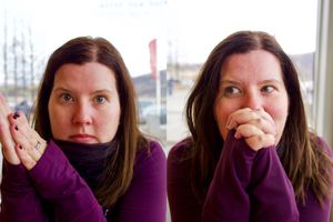 A diptych of 2 head and shoulders portraits of a cute woman mugging for the camera and playing with her hands.