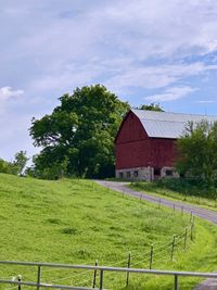 Looking uphill at a red barn among trees set against a blue sky.
