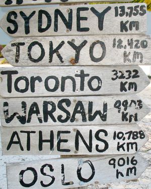 Close-up of a series of weathered grey arrows pointing to various cities and indicating their distances from Belize.