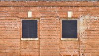 An orthogonal view of an old brick wall with two windows filled in with black bricks.