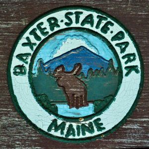 Close-up of the rustic carved logo of Baxter State Park. The crude figure of a moose is centre frame.