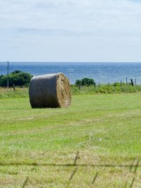A hay bale sits alone in a farmer's field, with choppy ocean waves in the background.
